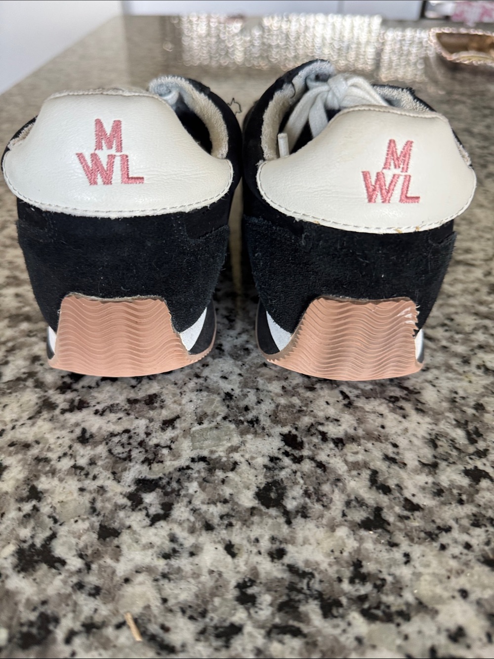 Madewell Black Suede Sneakers with Pink Logo and Tan Accents
